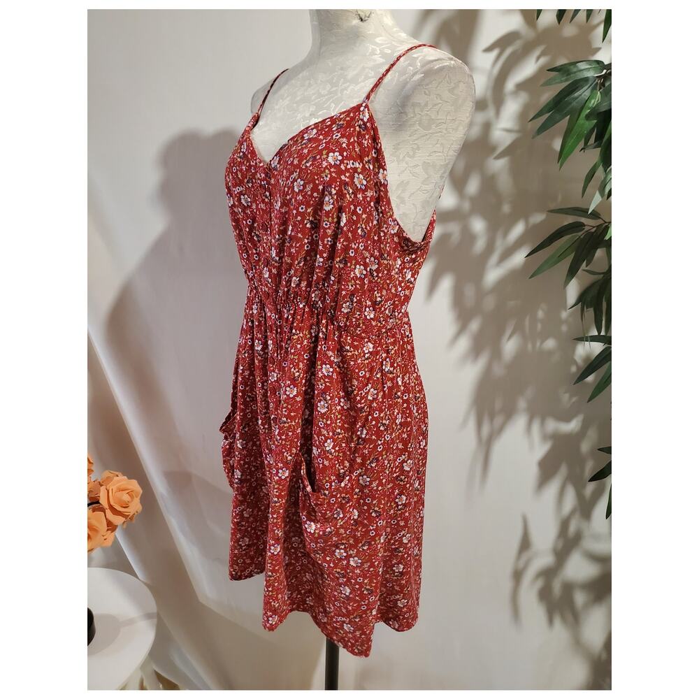 Vtg 90s Y2K Justify Floral Smocked Button Dress Junior Sz L Red Cottage Pockets - Picture 2 of 12
